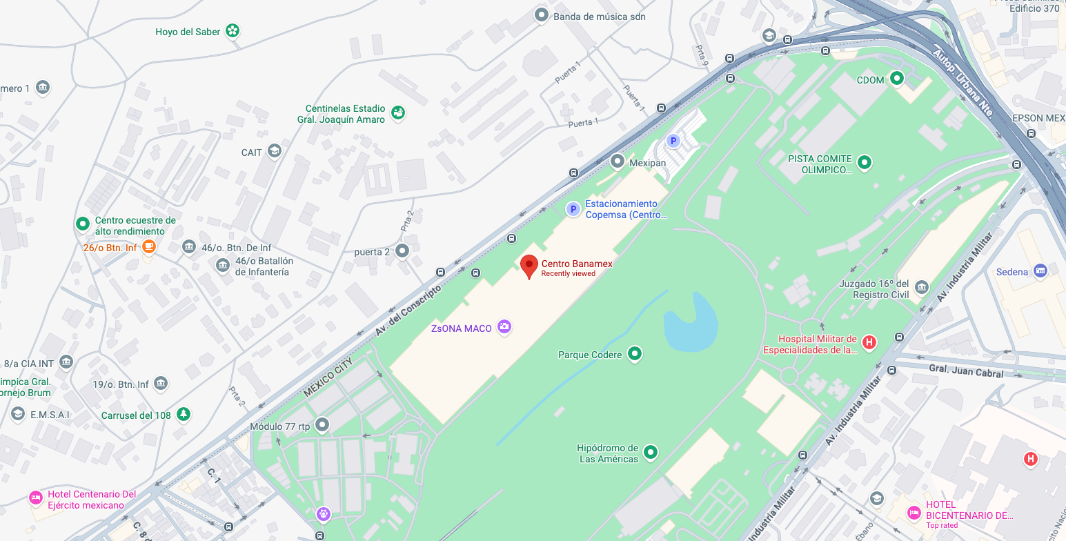 Map showing Centro Banamex near Hipódromo de las Américas in Mexico City